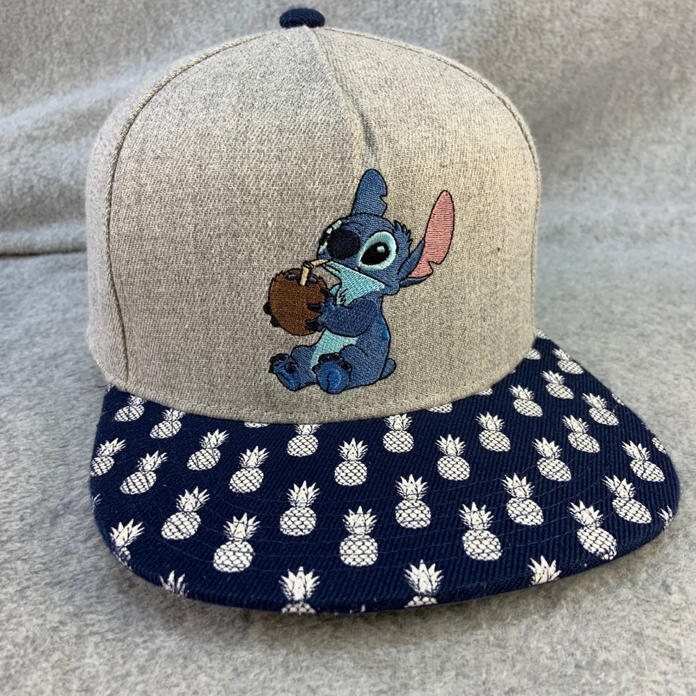 Disney Stitch Drinking Coconut Mens Gray Hat Pineapple Print Flat Brim OSFM